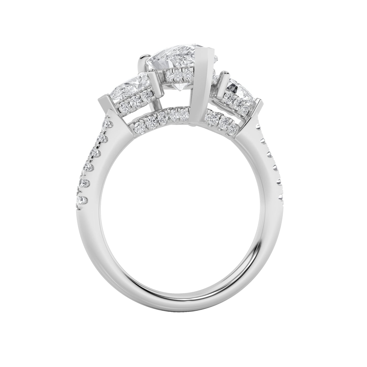 3Cttw Pear Shaped Lab Grown Diamond (F/VS) Three Stone Accented Engagement Ring in 14K Gold