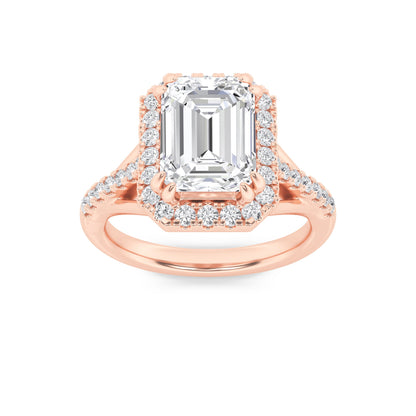 3Cttw Emerald Shaped Lab Grown Diamond (F/VS) HaloAccented Engagement Ring in 14K Gold