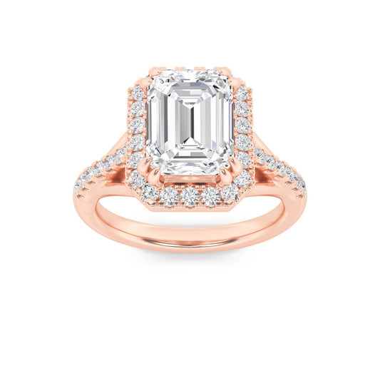 3Cttw Emerald Shaped Lab Grown Diamond (F/VS) HaloAccented Engagement Ring in 14K Gold