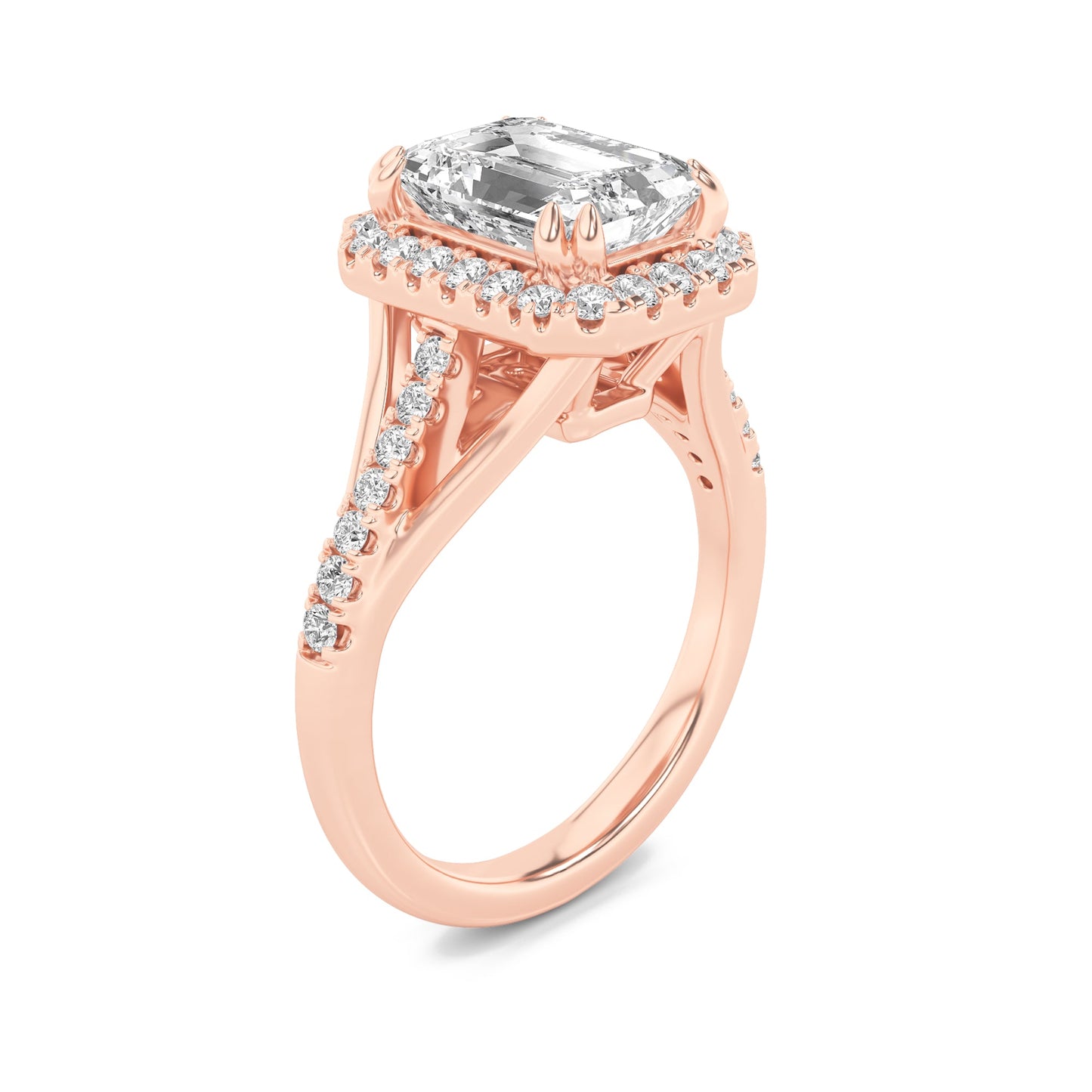 3Cttw Emerald Shaped Lab Grown Diamond (F/VS) HaloAccented Engagement Ring in 14K Gold