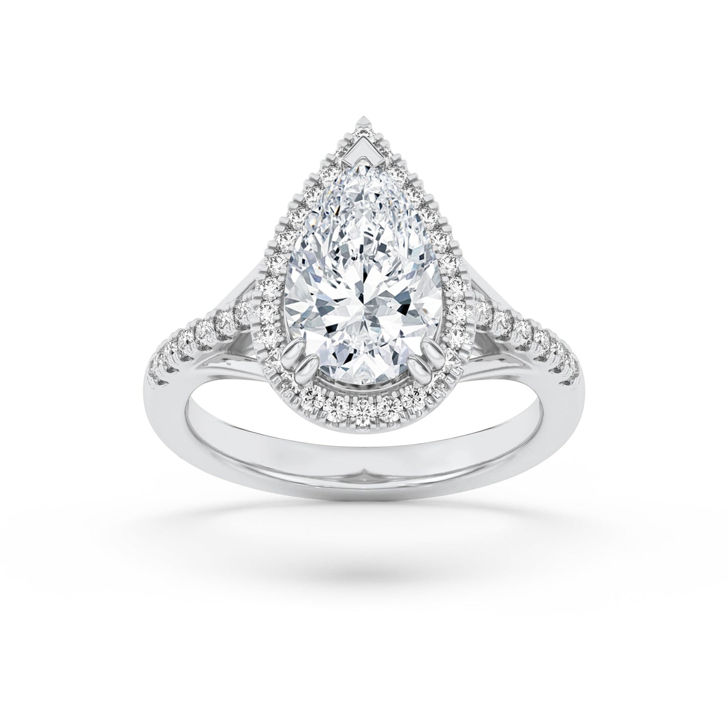 3Cttw Pear Shaped Lab Grown Diamond Halo Accented Engagement Ring in 14K Gold