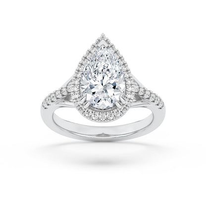 3Cttw Pear Shaped Lab Grown Diamond Halo Accented Engagement Ring in 14K Gold