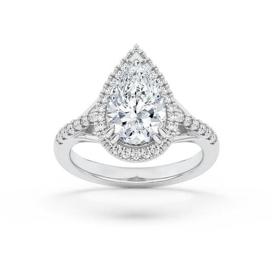3Cttw Pear Shaped Lab Grown Diamond Halo Accented Engagement Ring in 14K Gold
