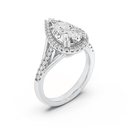3Cttw Pear Shaped Lab Grown Diamond Halo Accented Engagement Ring in 14K Gold