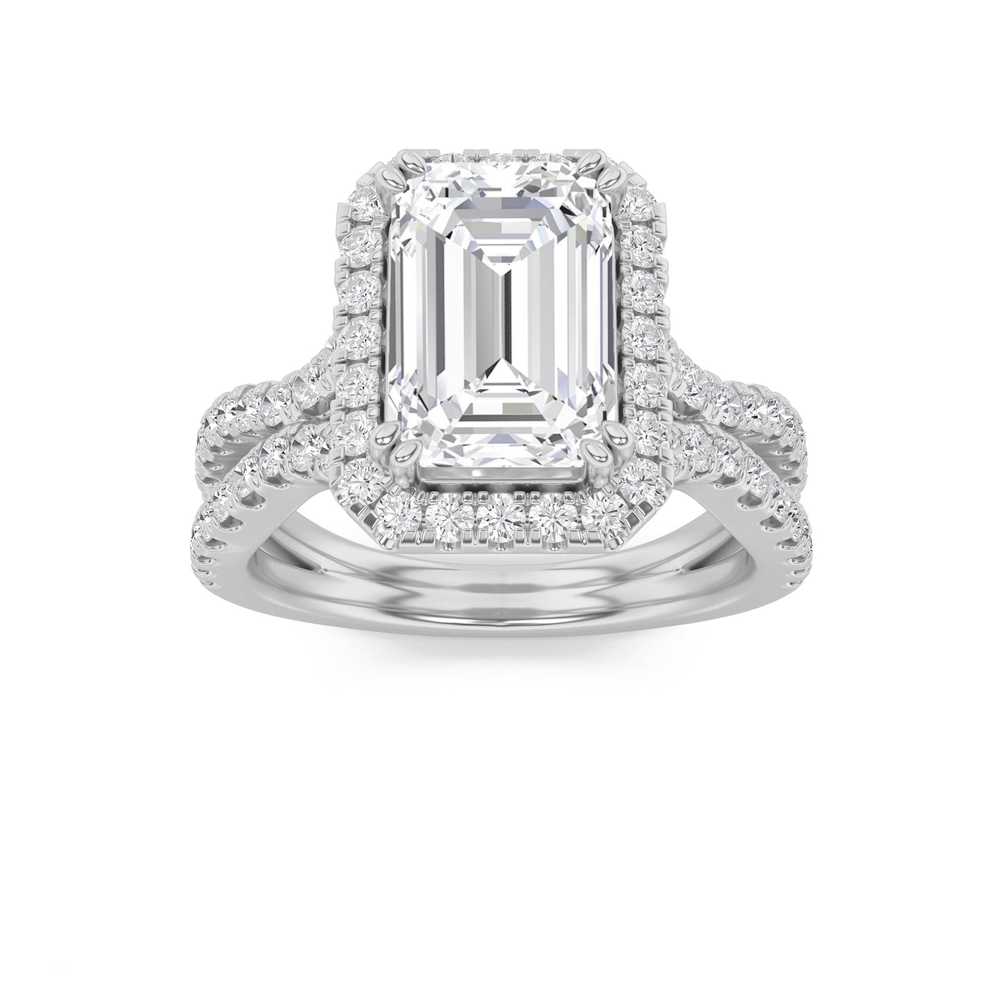 4Cttw Emerald Shaped Lab Grown Diamond (F/VS) Split Shank Halo Engagement Ring in 14K Gold