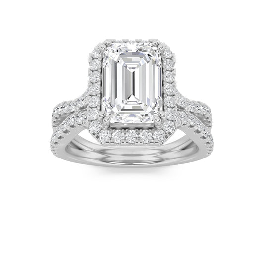 4Cttw Emerald Shaped Lab Grown Diamond (F/VS) Split Shank Halo Engagement Ring in 14K Gold