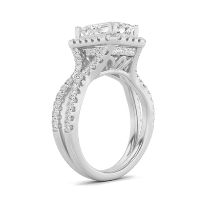 4Cttw Emerald Shaped Lab Grown Diamond (F/VS) Split Shank Halo Engagement Ring in 14K Gold