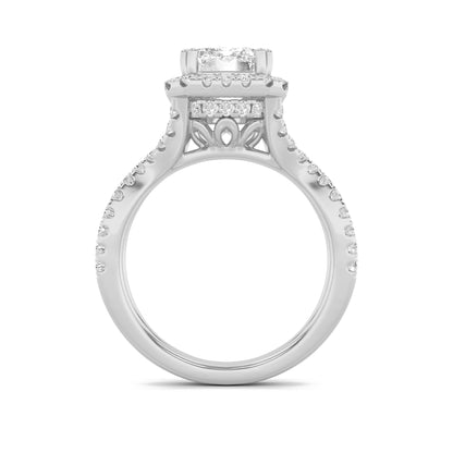 4Cttw Emerald Shaped Lab Grown Diamond (F/VS) Split Shank Halo Engagement Ring in 14K Gold