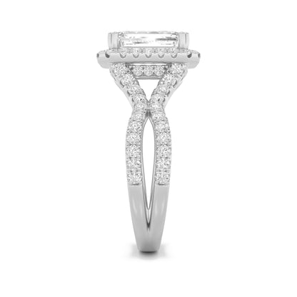 4Cttw Emerald Shaped Lab Grown Diamond (F/VS) Split Shank Halo Engagement Ring in 14K Gold