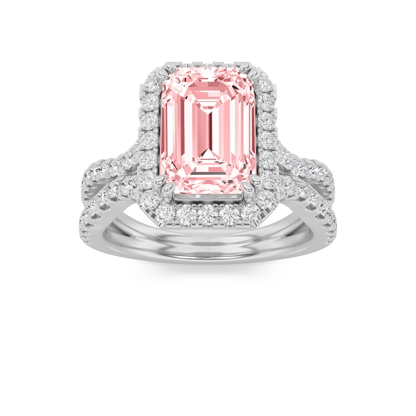 4Cttw Emerald Shaped Pink Lab Grown Diamond (F/VS) Split Shank Halo Engagement Ring 14K Gold