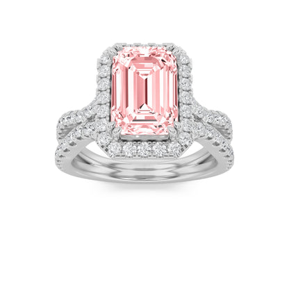 4Cttw Emerald Shaped Pink Lab Grown Diamond (F/VS) Split Shank Halo Engagement Ring 14K Gold