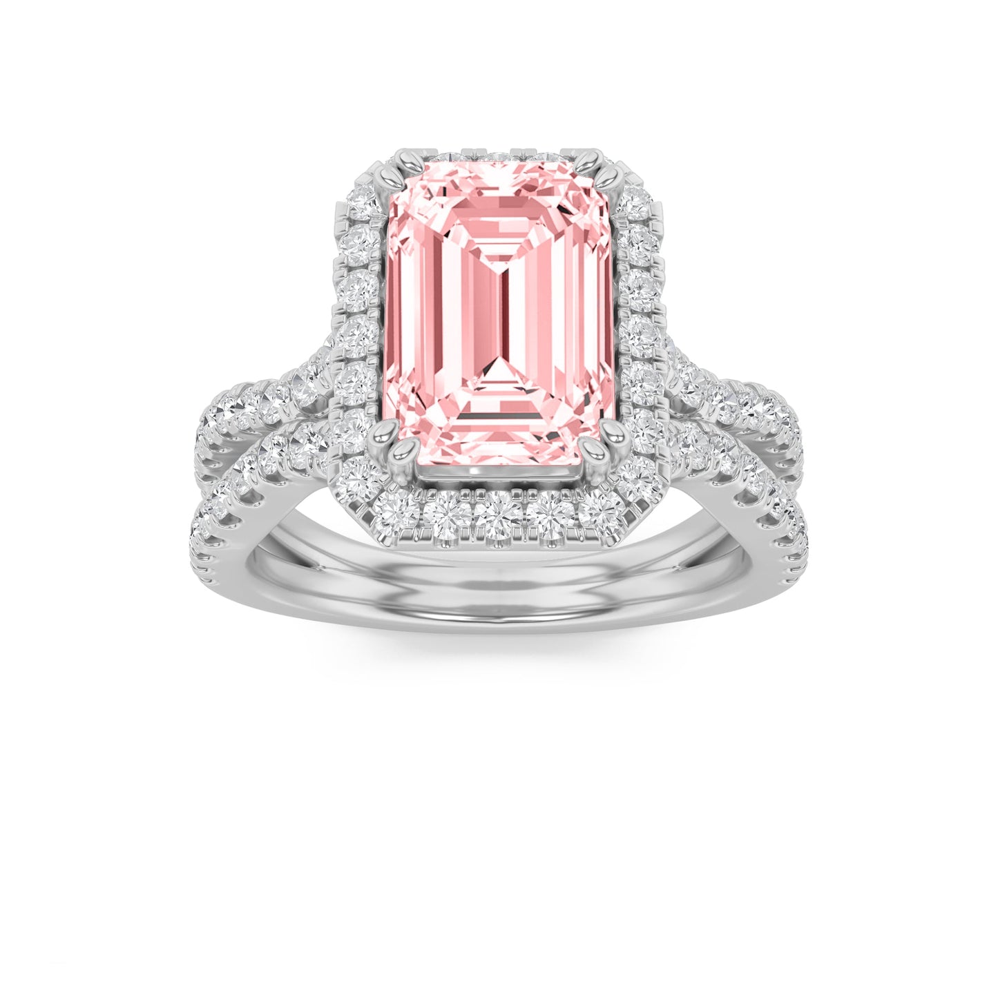 4Cttw Emerald Shaped Pink Lab Grown Diamond (F/VS) Split Shank Halo Engagement Ring in 14K Gold