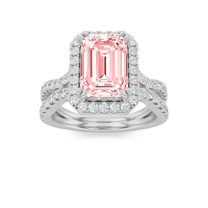 4Cttw Emerald Shaped Pink Lab Grown Diamond (F/VS) Split Shank Halo Engagement Ring in 14K Gold