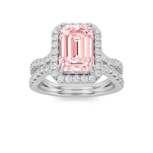 4Cttw Emerald Shaped Pink Lab Grown Diamond (F/VS) Split Shank Halo Engagement Ring in 14K Gold