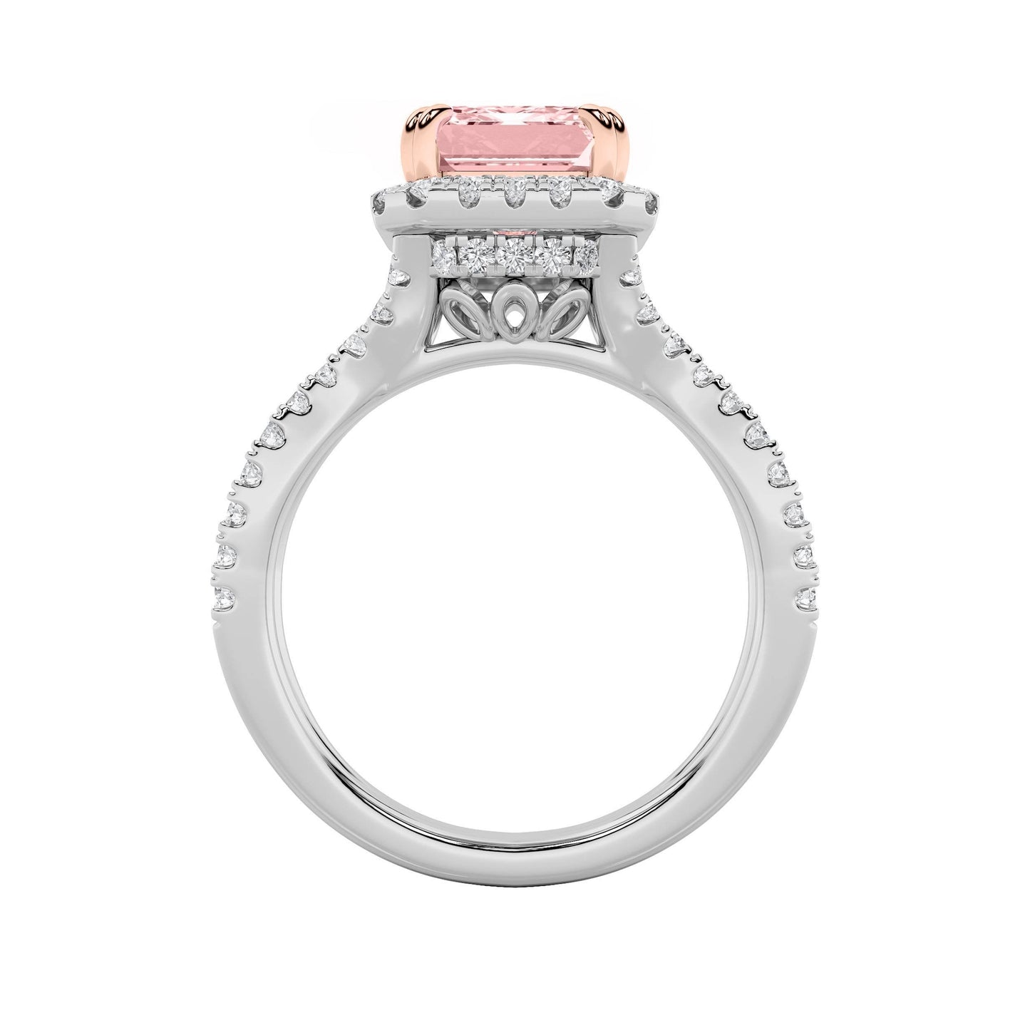 4Cttw Emerald Shaped Pink Lab Grown Diamond (F/VS) Split Shank Halo Engagement Ring in 14K Gold