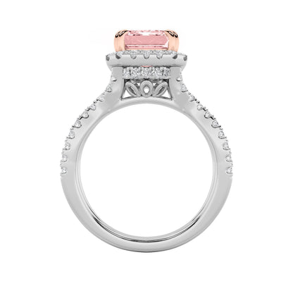 4Cttw Emerald Shaped Pink Lab Grown Diamond (F/VS) Split Shank Halo Engagement Ring in 14K Gold
