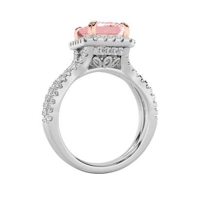 4Cttw Emerald Shaped Pink Lab Grown Diamond (F/VS) Split Shank Halo Engagement Ring in 14K Gold