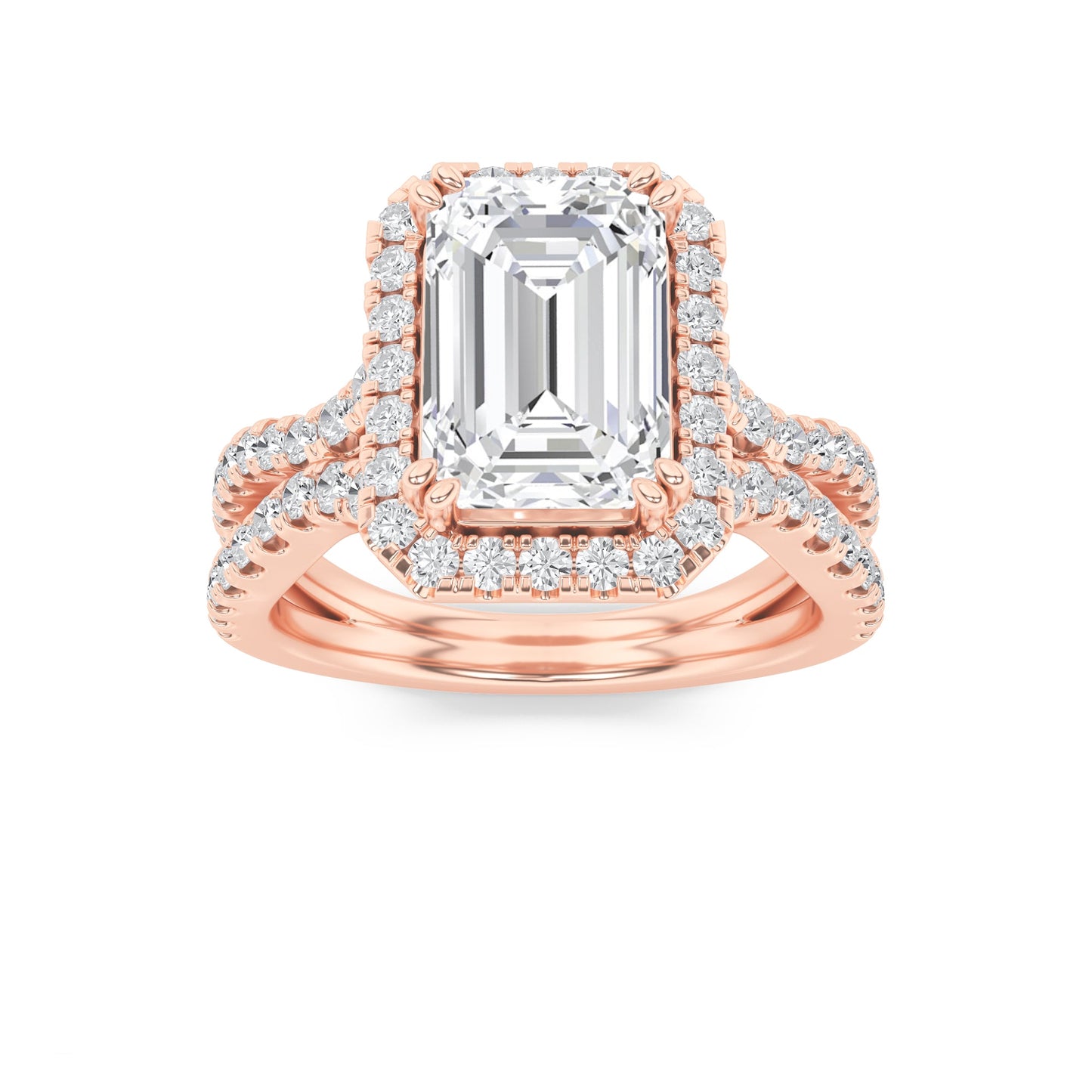 4Cttw Emerald Shaped Lab Grown Diamond (F/VS) Split Shank Halo Engagement Ring in 14K Gold