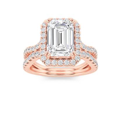 4Cttw Emerald Shaped Lab Grown Diamond (F/VS) Split Shank Halo Engagement Ring in 14K Gold