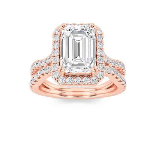 4Cttw Emerald Shaped Lab Grown Diamond (F/VS) Split Shank Halo Engagement Ring in 14K Gold
