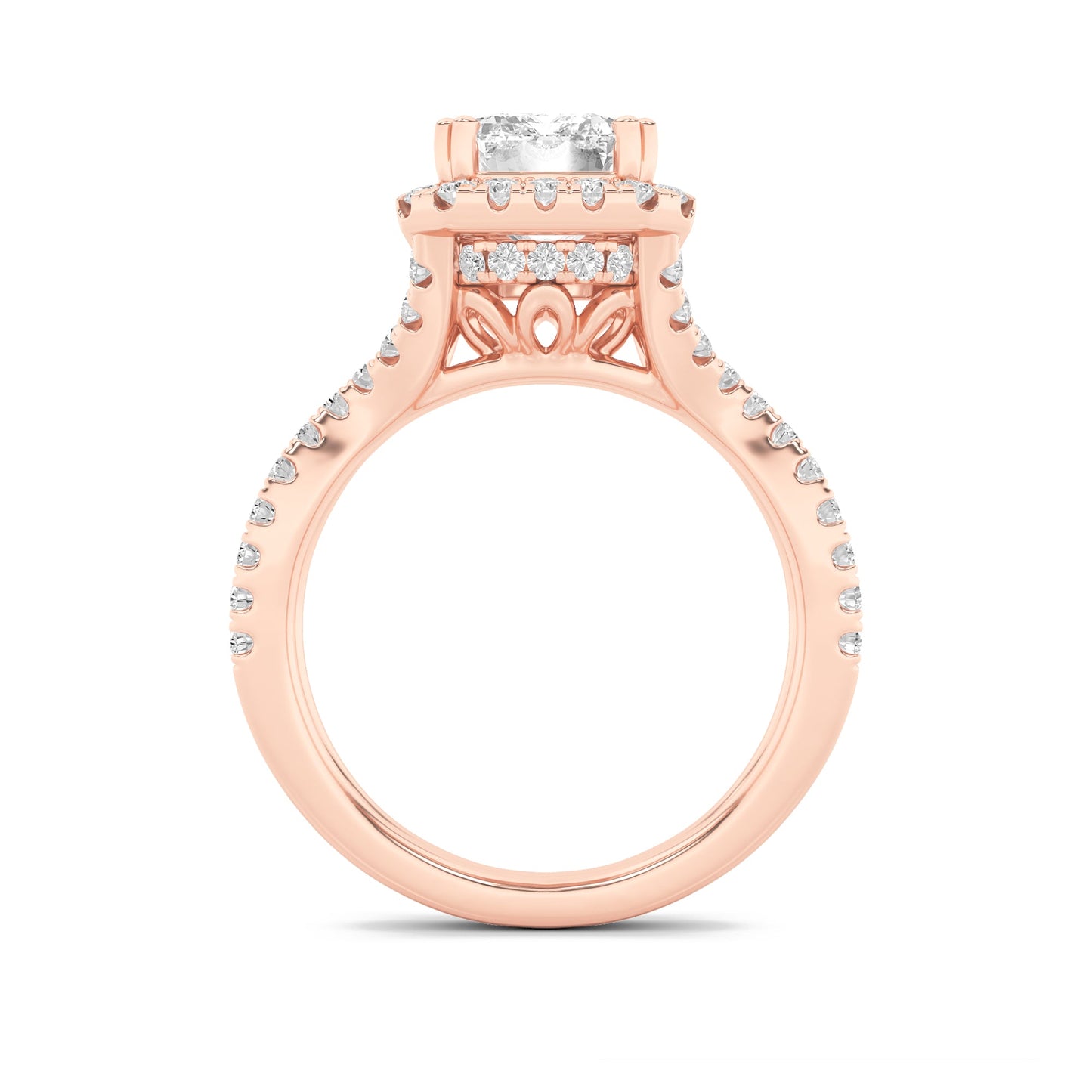 4Cttw Emerald Shaped Lab Grown Diamond (F/VS) Split Shank Halo Engagement Ring in 14K Gold