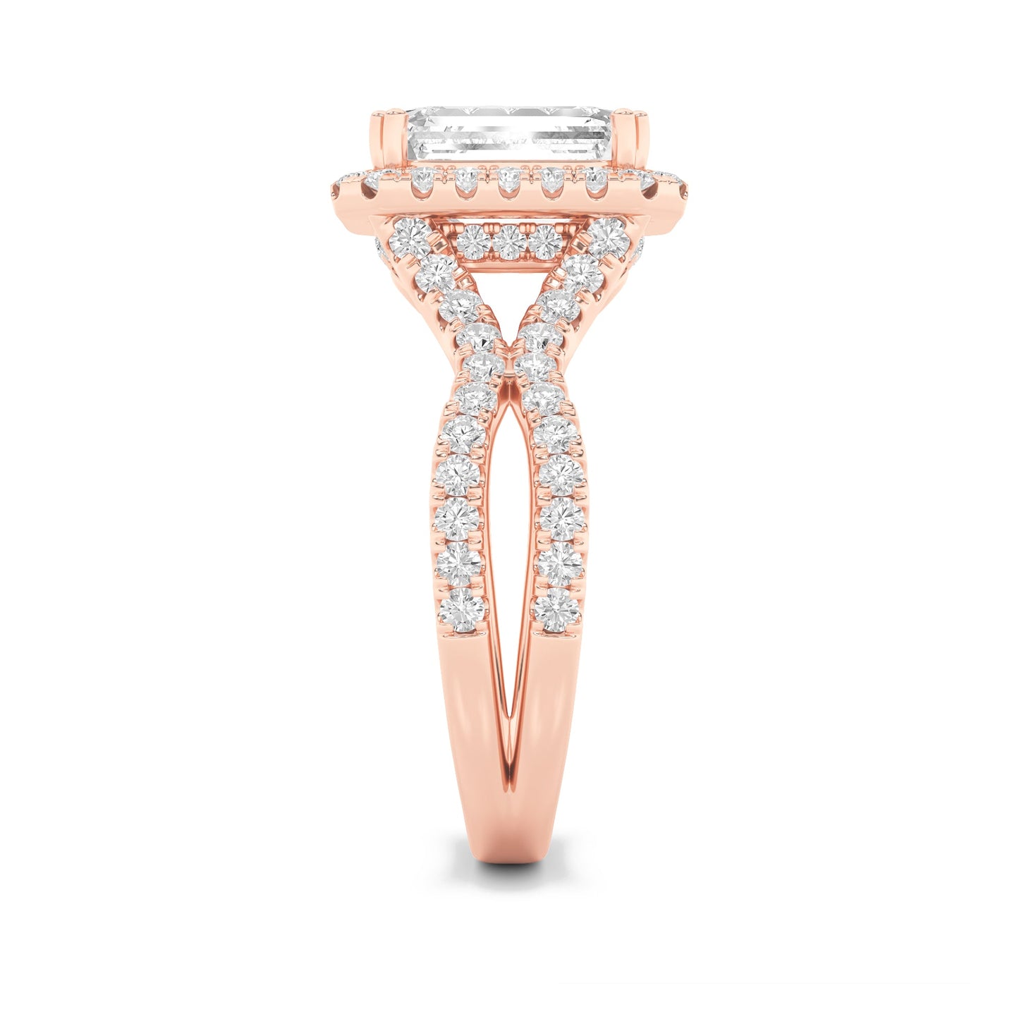4Cttw Emerald Shaped Lab Grown Diamond (F/VS) Split Shank Halo Engagement Ring in 14K Gold