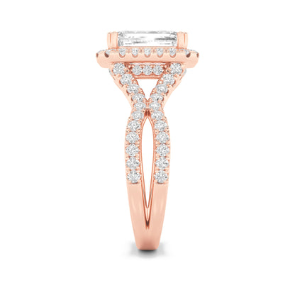 4Cttw Emerald Shaped Lab Grown Diamond (F/VS) Split Shank Halo Engagement Ring in 14K Gold