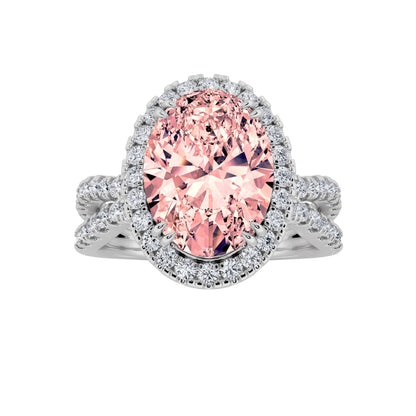 4Cttw Oval Shaped Pink Lab Grown Diamond (F/VS) Split Shank Halo Engagement Ring 14K Gold