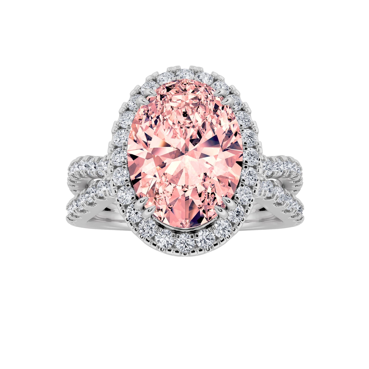 4Cttw Oval Shaped Pink Lab Grown Diamond (F/VS) Split Shank Halo Engagement Ring in 14K Gold
