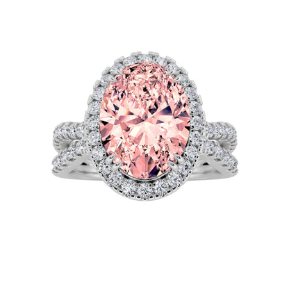 4Cttw Oval Shaped Pink Lab Grown Diamond (F/VS) Split Shank Halo Engagement Ring in 14K Gold