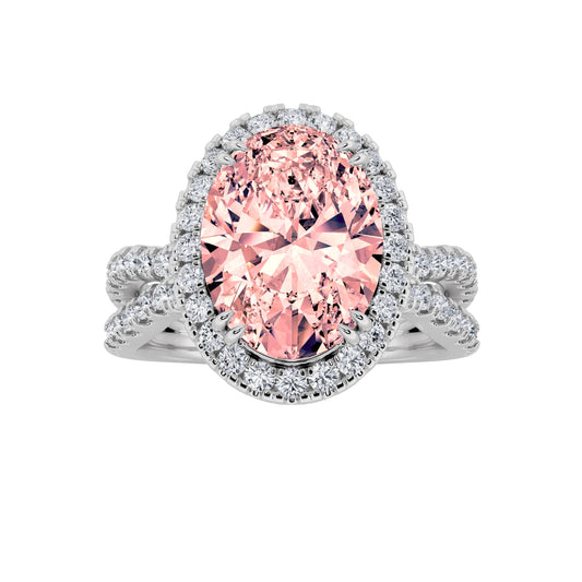 4Cttw Oval Shaped Pink Lab Grown Diamond (F/VS) Split Shank Halo Engagement Ring in 14K Gold