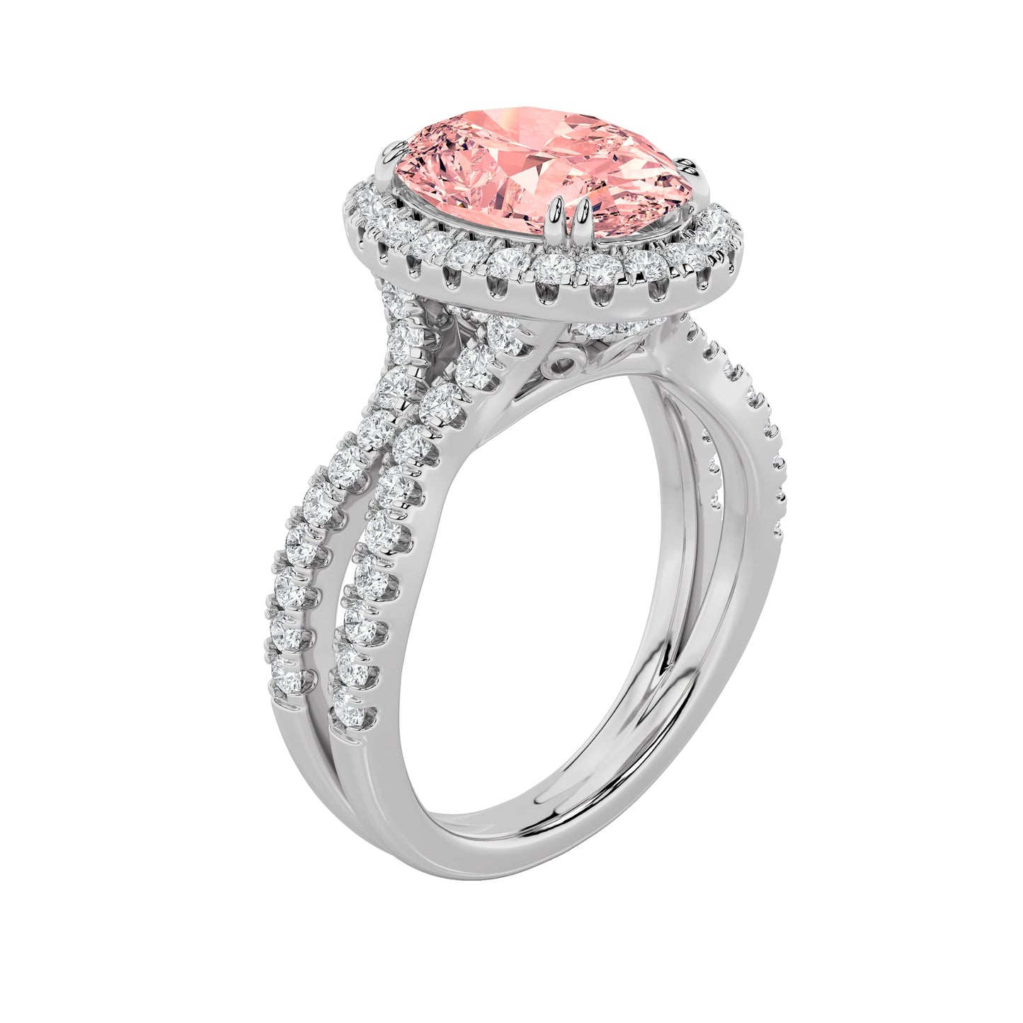 4Cttw Oval Shaped Pink Lab Grown Diamond (F/VS) Split Shank Halo Engagement Ring in 14K Gold