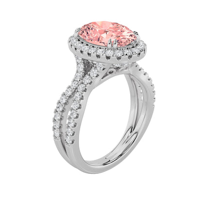 4Cttw Oval Shaped Pink Lab Grown Diamond (F/VS) Split Shank Halo Engagement Ring in 14K Gold
