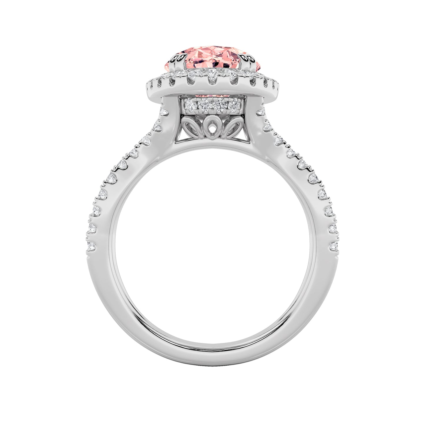 4Cttw Oval Shaped Pink Lab Grown Diamond (F/VS) Split Shank Halo Engagement Ring in 14K Gold