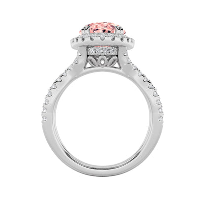 4Cttw Oval Shaped Pink Lab Grown Diamond (F/VS) Split Shank Halo Engagement Ring in 14K Gold