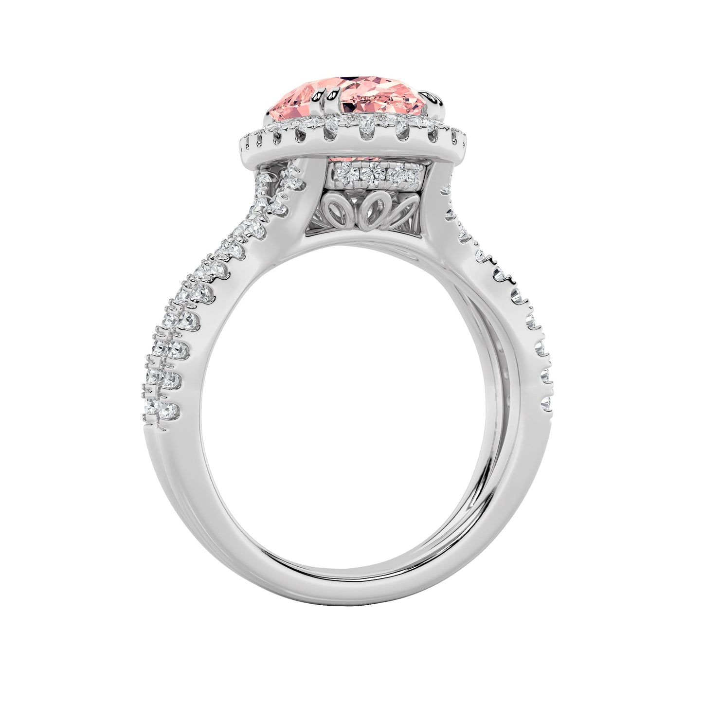 4Cttw Oval Shaped Pink Lab Grown Diamond (F/VS) Split Shank Halo Engagement Ring in 14K Gold