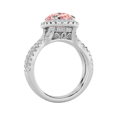 4Cttw Oval Shaped Pink Lab Grown Diamond (F/VS) Split Shank Halo Engagement Ring in 14K Gold