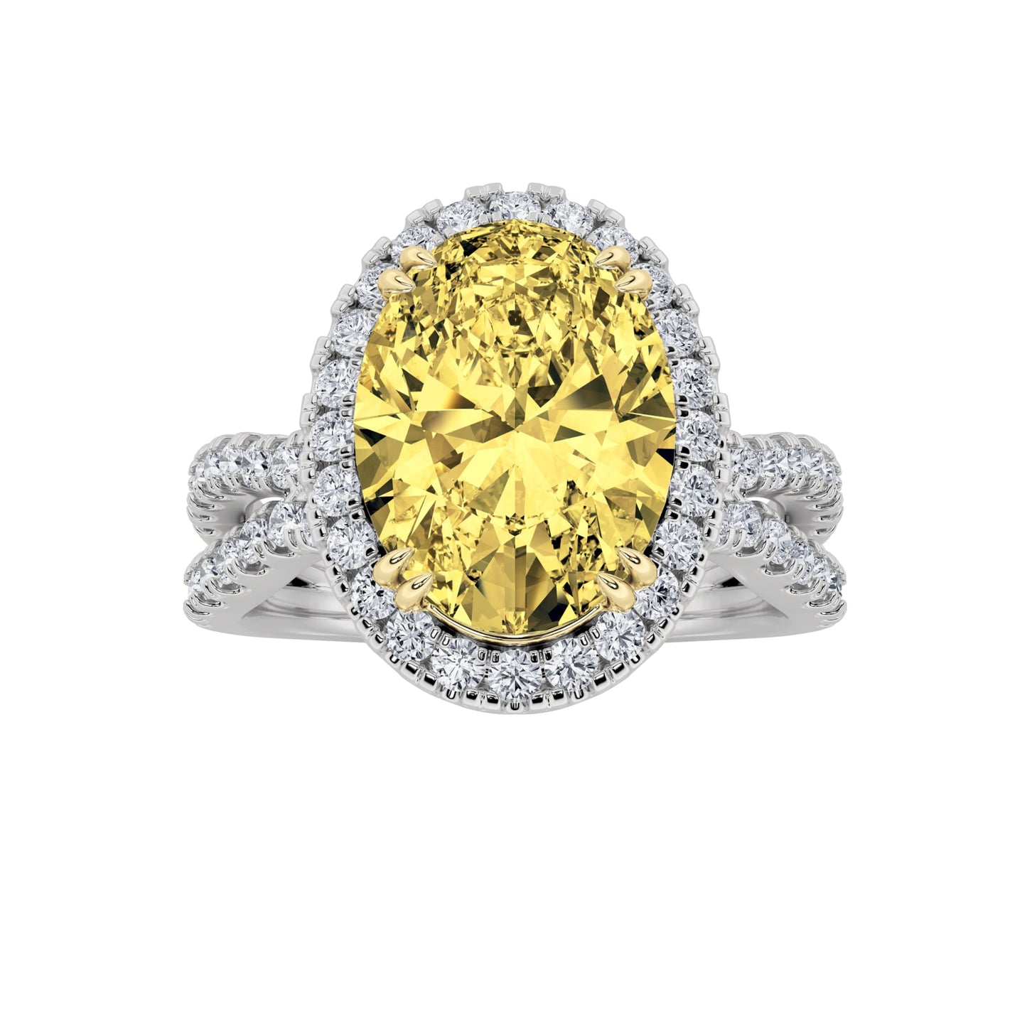 4Cttw Oval Shaped Yellow Lab Grown Diamond (F/VS) Split Shank Halo Engagement Ring 14K Gold