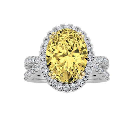 4Cttw Oval Shaped Yellow Lab Grown Diamond (F/VS) Split Shank Halo Engagement Ring in 14K Gold