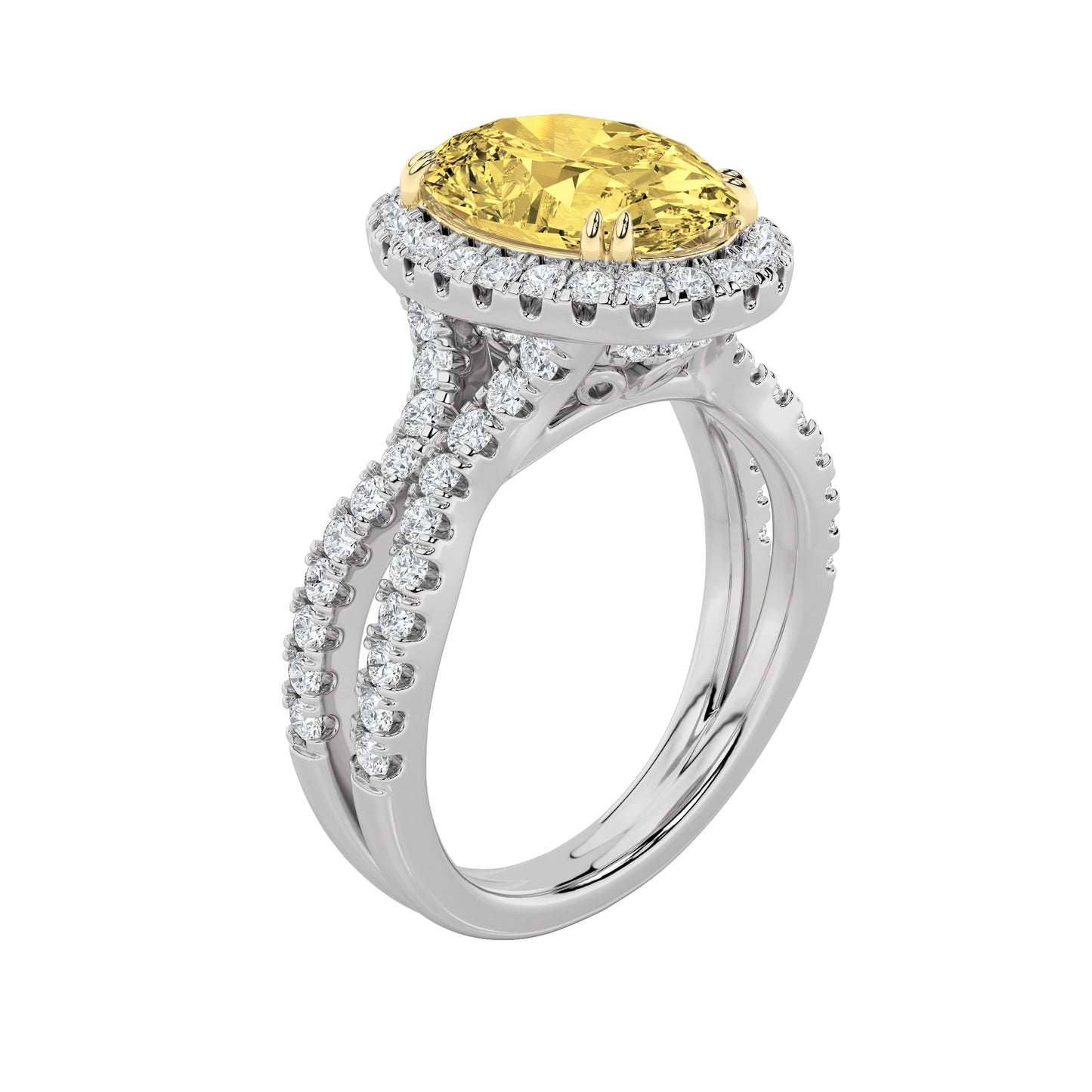 4Cttw Oval Shaped Yellow Lab Grown Diamond (F/VS) Split Shank Halo Engagement Ring in 14K Gold