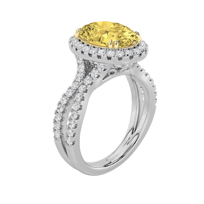 4Cttw Oval Shaped Yellow Lab Grown Diamond (F/VS) Split Shank Halo Engagement Ring in 14K Gold