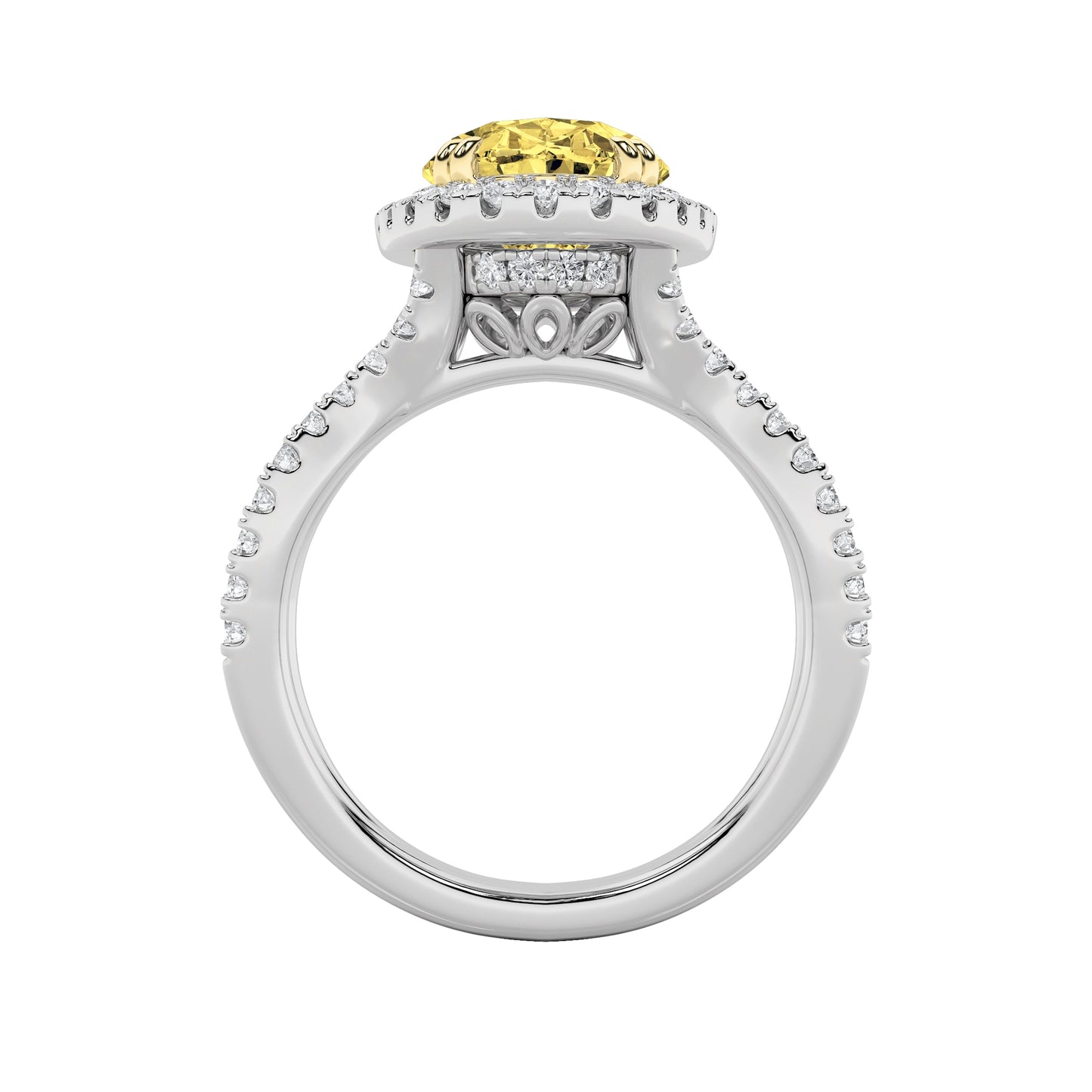 4Cttw Oval Shaped Yellow Lab Grown Diamond (F/VS) Split Shank Halo Engagement Ring in 14K Gold