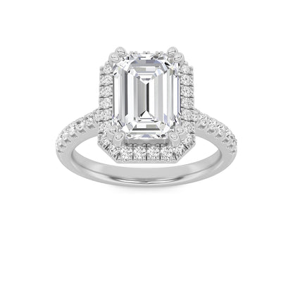3Cttw Emerald Shaped Lab Grown Diamond (F/VS) Classic Halo Accented Engagement Ring in 14K Gold