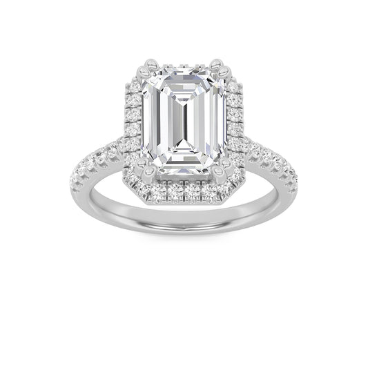 3Cttw Emerald Shaped Lab Grown Diamond (F/VS) Classic Halo Accented Engagement Ring in 14K Gold