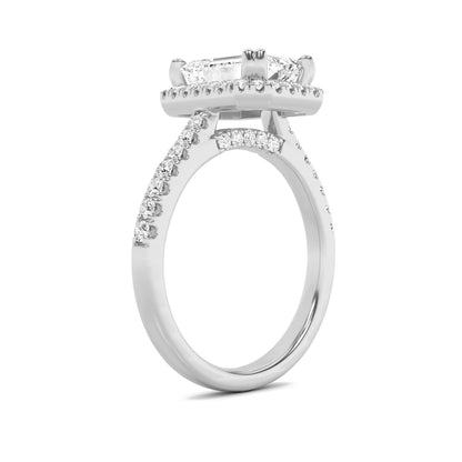 3Cttw Emerald Shaped Lab Grown Diamond (F/VS) Classic Halo Accented Engagement Ring in 14K Gold