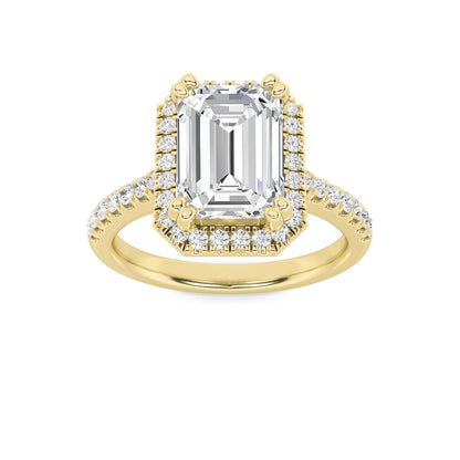 3Cttw Emerald Shaped Lab Grown Diamond (F/VS) Classic Halo Accented Engagement Ring in 14K Gold