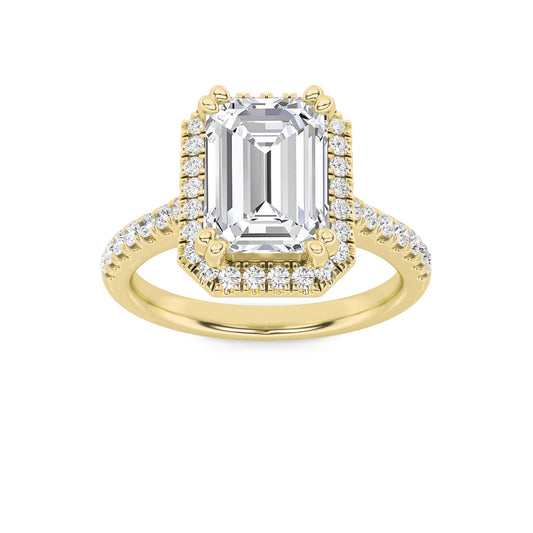 3Cttw Emerald Shaped Lab Grown Diamond (F/VS) Classic Halo Accented Engagement Ring in 14K Gold