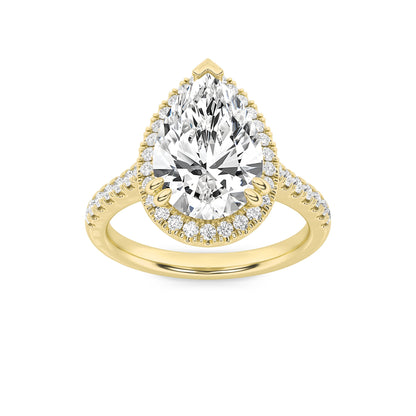 3Cttw Pear Shaped Lab Grown Diamond (F/VS) Classic Halo Accented Engagement Ring in 14K Gold
