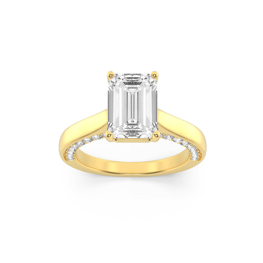 2Cttw Emerald Shaped Lab Grown Diamond (G/VS) Accented Bridge Shank Engagement Ring in 14K Gold