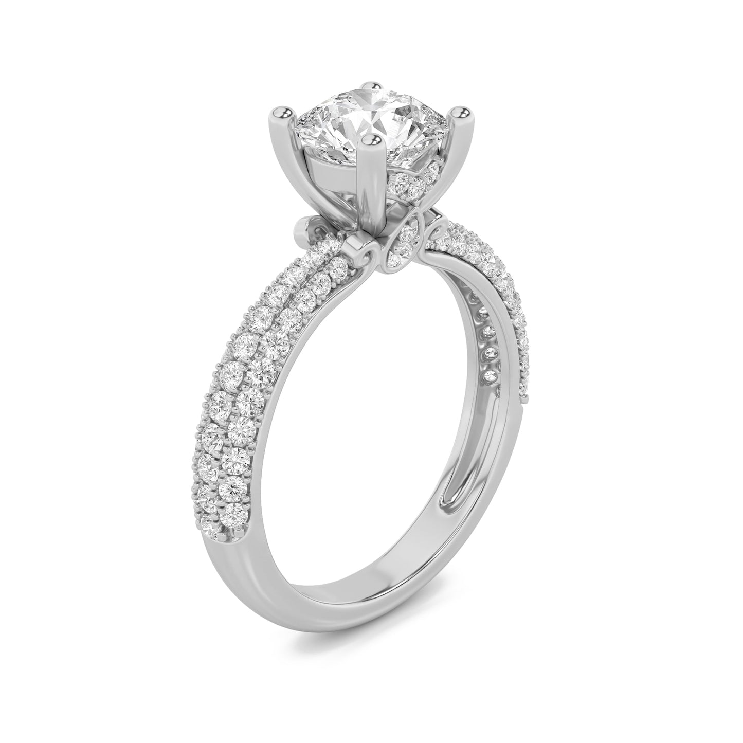2Cttw Round Shaped Lab Grown Diamond (F/VS) Three Row Micro Pave Engagement Ring in 14K Gold